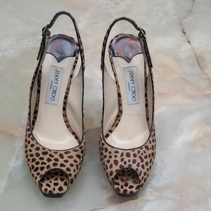 Jimmy Choo Tan Cheetah Print Pony Fur 5" Slingback Heels Like New⁷